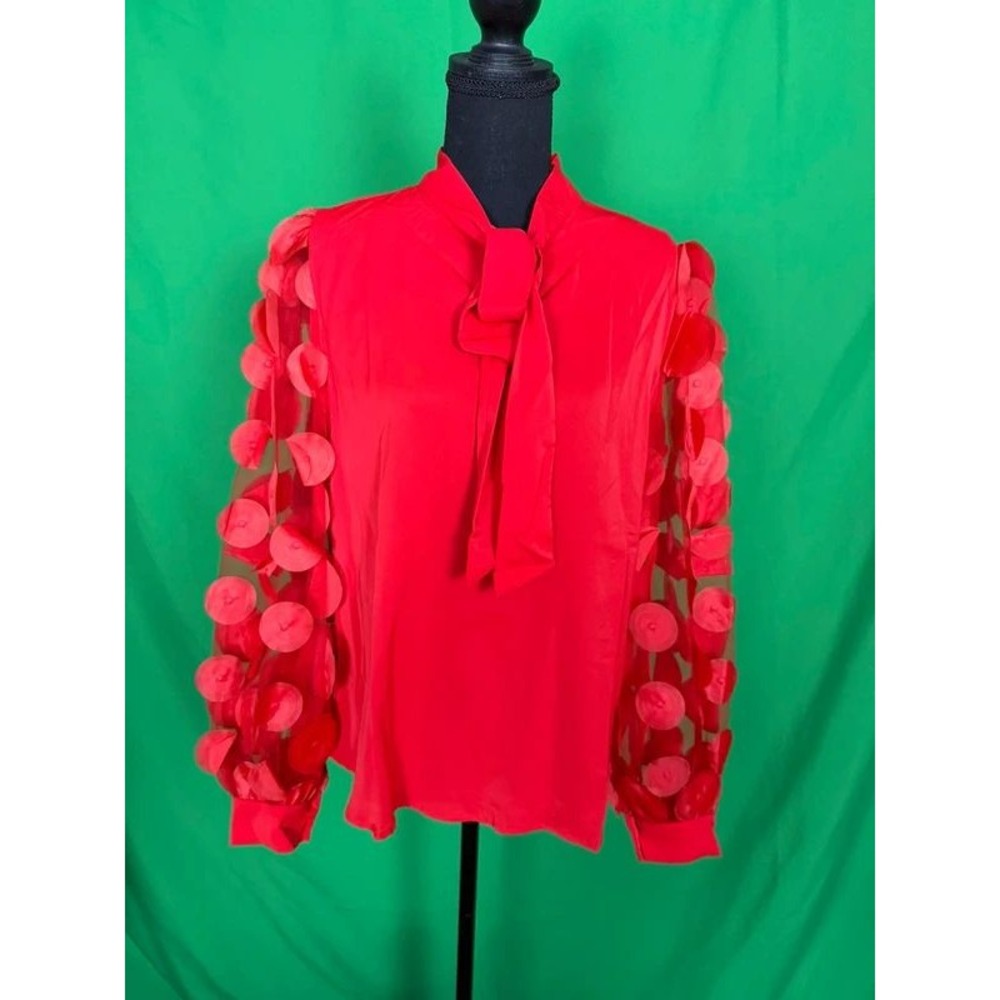 ChicMe Women's M Red 3D Floral Applique Sheer Sleeve Bow Neck Blouse Party